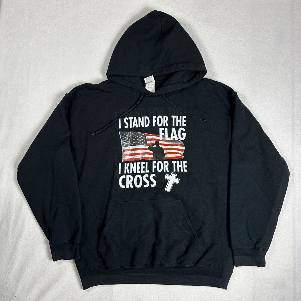 Gildan Mens Black "I Stand for the Flag I Kneel for the Cross" Hoodie Size L